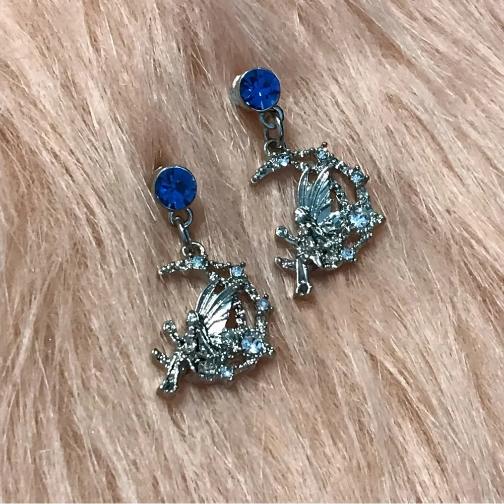 Fairy Sitting on the Moon Blue Stud Earrings - Picture 2 of 4